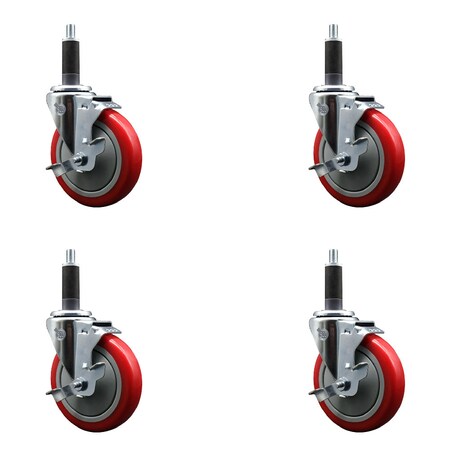 Service Caster 5'' Red Poly Swivel 1'' Expanding Stem Caster Set with Brake, 4PK SCC-EX20S514-PPUB-RED-TLB-1-4